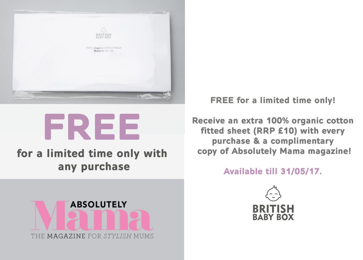 BritishBabyBox's tweet photo. Get a free 100% #organic sheet when you make any purchase! You'll also receive a copy of @AbsolutelyMama magazine! For a limited time only! https://t.co/qr0yITzDYB