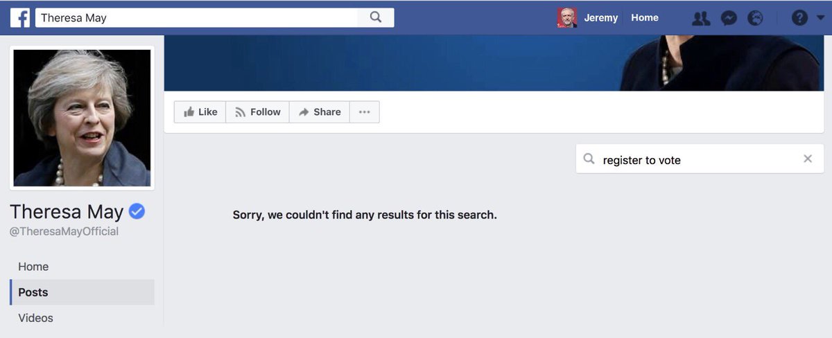 We've just looked through @Theresa_May and the @Conservatives' social media and they've not once asked people to register to vote. #GE2017
