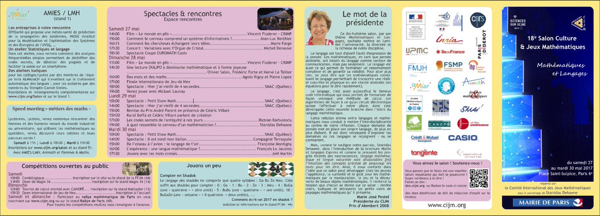 jeuxmaths's tweet photo. Voici le programme du 18ème Salon Culture et Jeux Mathématiques #Salon2017 #CIJM https://t.co/GyZoMqpNIC
