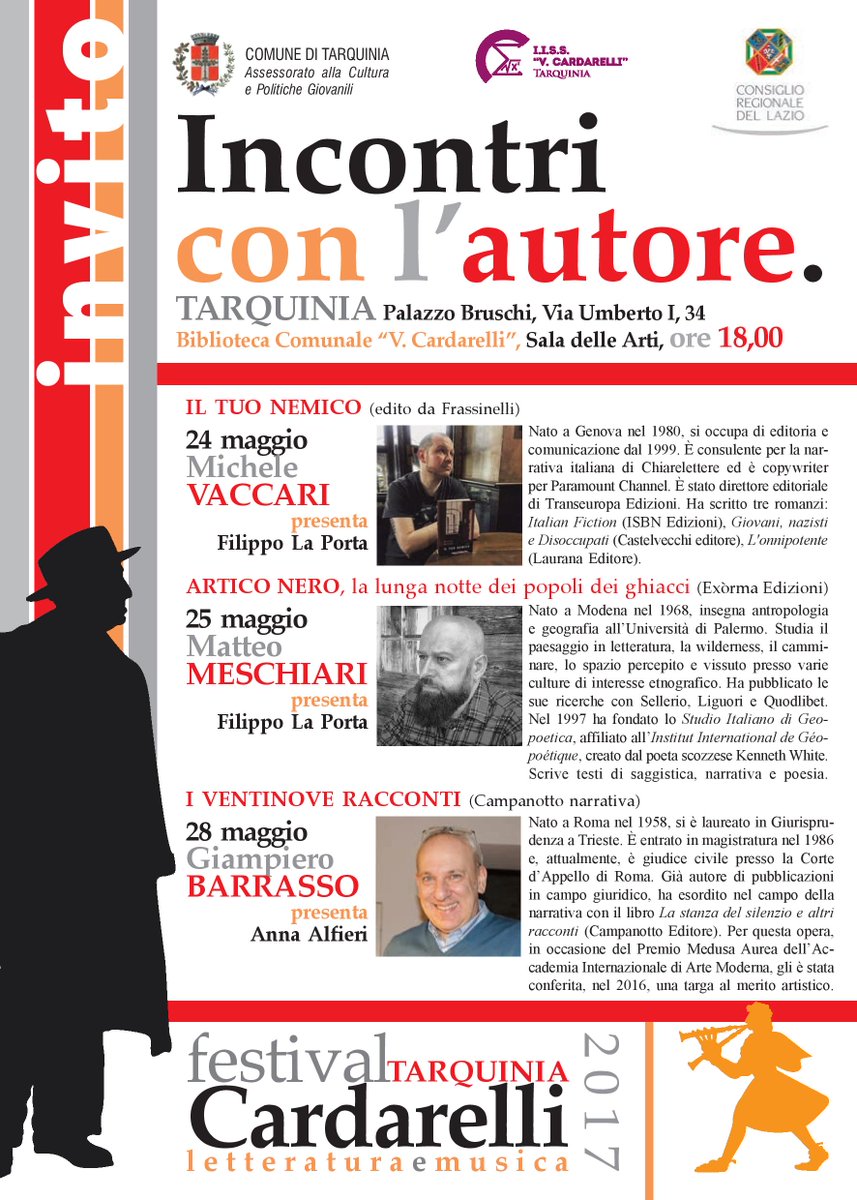 FiloDiretto's tweet photo. #Tarquinia Vaccari, Meschiari e Barrasso per “Incontri con l’autore”
Il 24, 25 e 28 maggio, ore 18, biblioteca  “Vincenzo Cardarelli” https://t.co/tFBiX1dkm4
