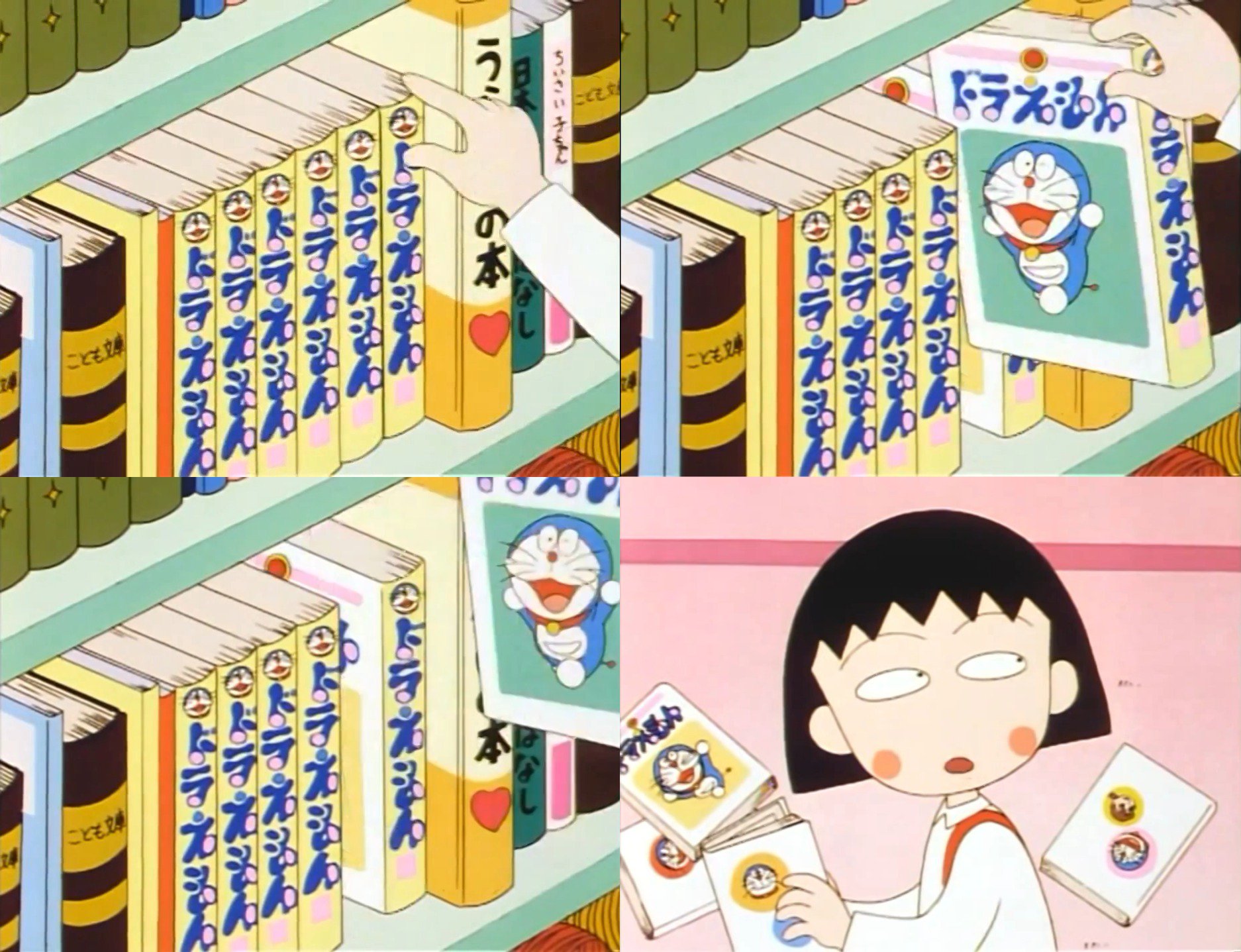 モリ M0ri Sh1 ちびまる子ちゃんに登場するドラえもん ドラえもんの単行本を読むまる子 おそらく表紙の元ネタは てんとう虫コミックス ドラえもん 第3巻かと 屋台のお面屋にドラえもん ドラミちゃん のび太 のび太のお面をチョイスするまる子の