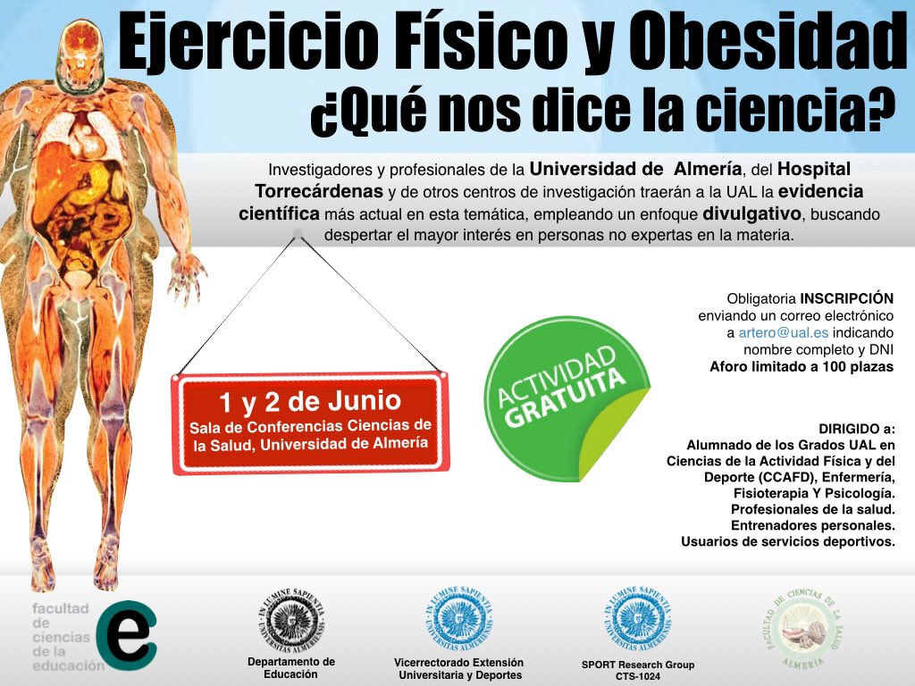 ManoloRodrigue's tweet photo. Jornadas de Ejercicio Físico y Obesidad!!! Actividad Gratuita en @ualmeria @FacultadEducUAL @UalCultura los próximos 1 y 2 de junio #CAFD https://t.co/E4ADiygyc5