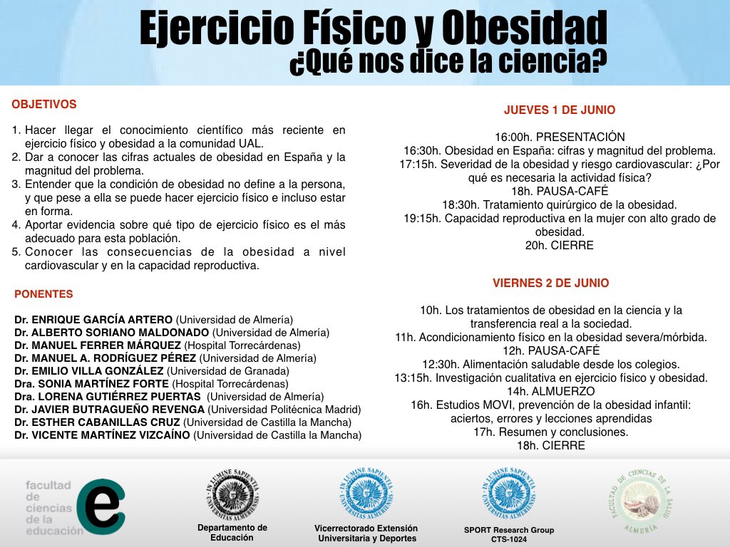 ManoloRodrigue's tweet photo. Jornadas de Ejercicio Físico y Obesidad!!! Actividad Gratuita en @ualmeria @FacultadEducUAL @UalCultura los próximos 1 y 2 de junio #CAFD https://t.co/E4ADiygyc5