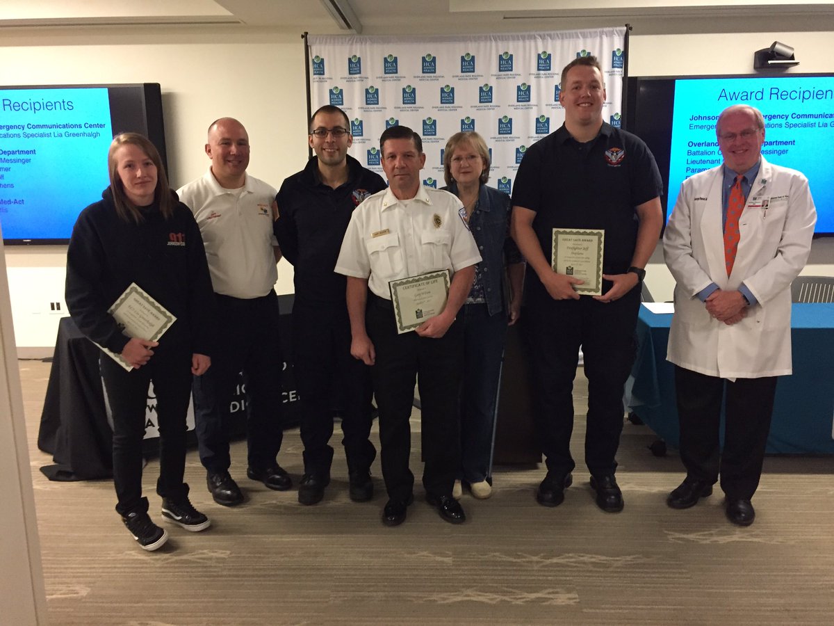 OverlandParkFD's tweet photo. No better way to kick off EMS Week than honoring crews for saving OPFD Training Chief's life during recent heart attack! #EMSweek @OPRMC https://t.co/6a0LwmWRZc