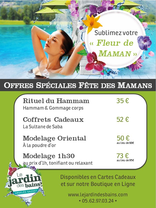 Le <a href="/JardindesBains/">Jardin des Bains</a> sublime votre Fleur de Maman...
[Offres Spéciales Fête des Mères]
#fêtedesmères #mamans #soins #bienêtre