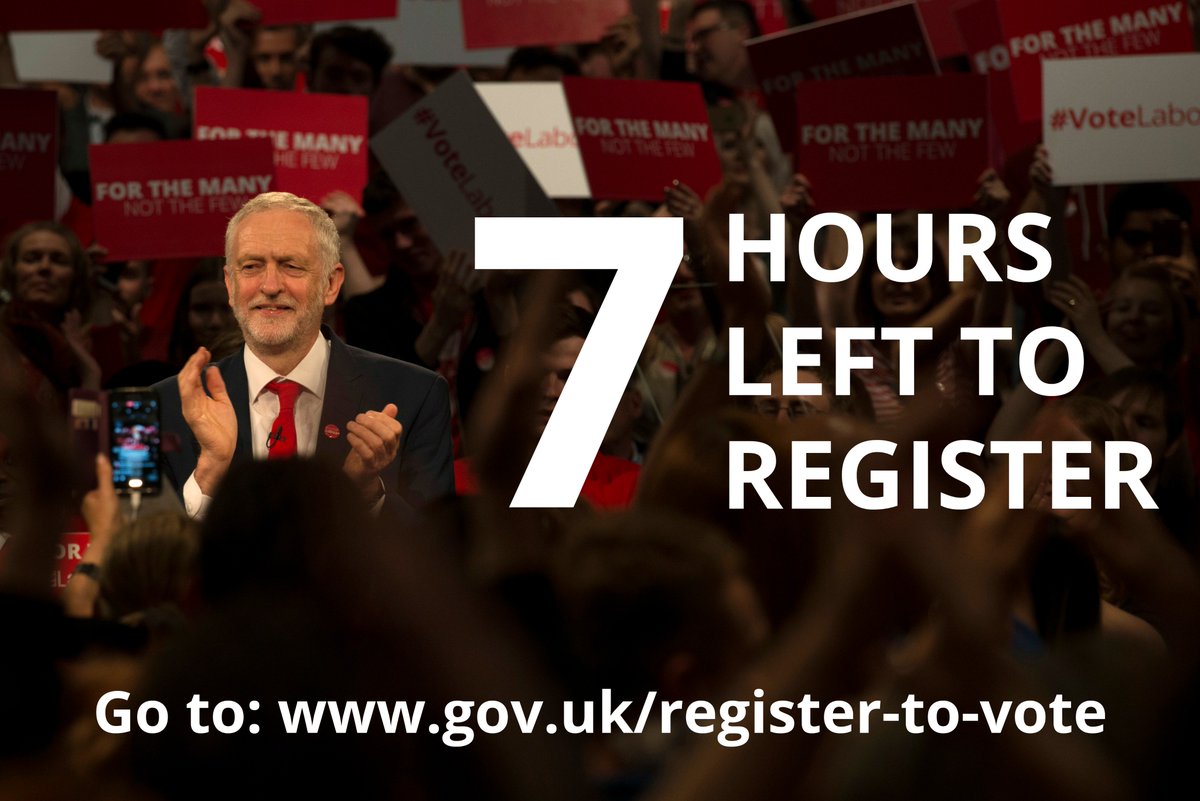 jeremycorbyn's tweet image. 7 hours to register to vote for a £10 living wage. gov.uk/register-to-vo…