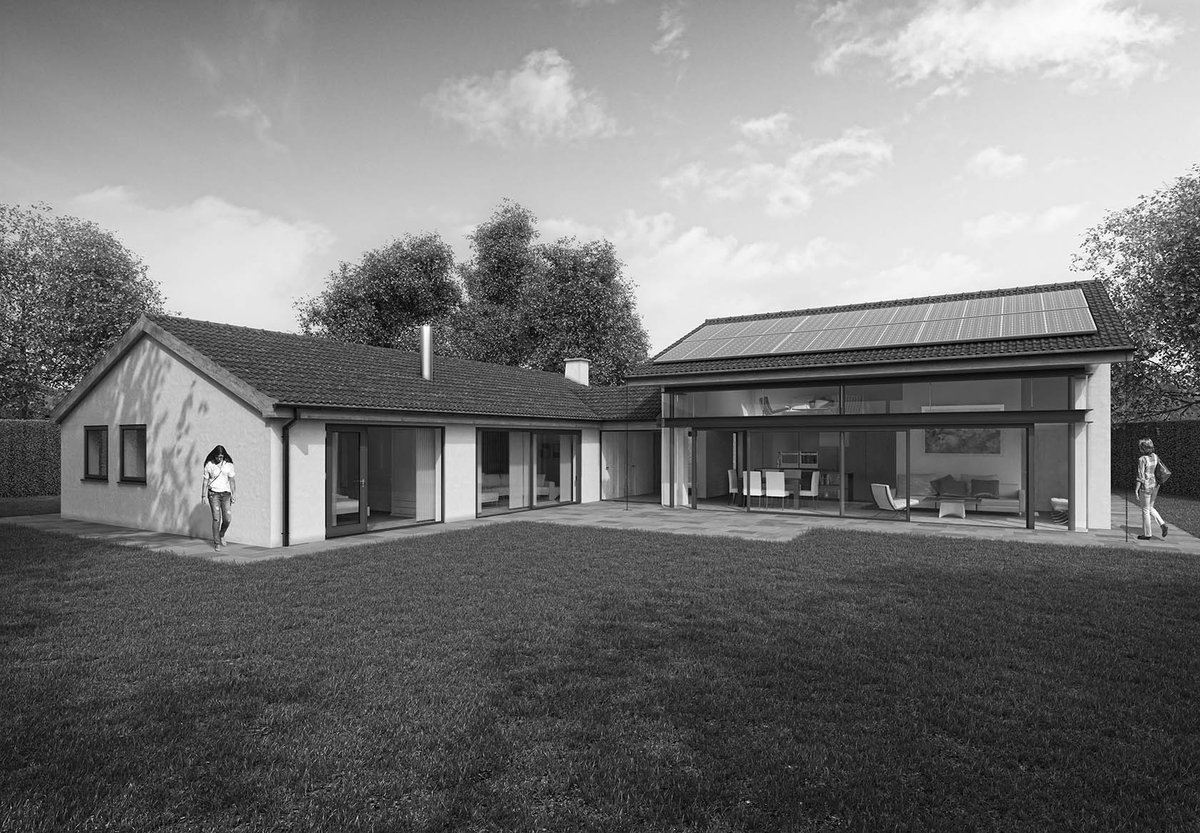 BenStephensArch's tweet image. @benstephensarch @SurdiArchitects vision for a bungalow extension in Oakham for @Lukedappleton CGI image by @MaxStudiosUK in B/W looks good!