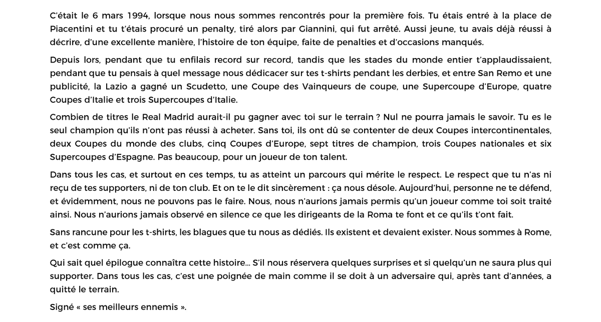 La lettre écrite par les supporters de la Lazio en hommage à Francesco ...