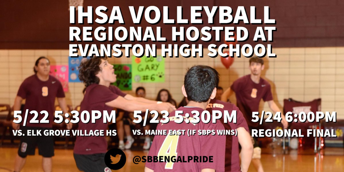 SBBengalPride's tweet photo. IHSA Volleyball Regional! 🏐
Hosted at Evanston HS
5/22 5:30 Vs. Elk Grove Village
5/23 5:30 Vs. Maine East (If we win)
5/24 6:00 Finals https://t.co/Qda8dT1iTq