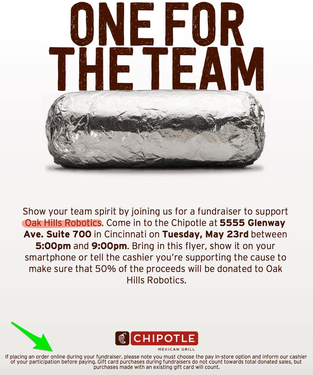 ScotBot4284's tweet photo. Chipotle Fundraiser tomorrow 5/23!  5555 Glenway (by the Best Buy), help out our team for next year, cheers! https://t.co/YVDvc7LzYY