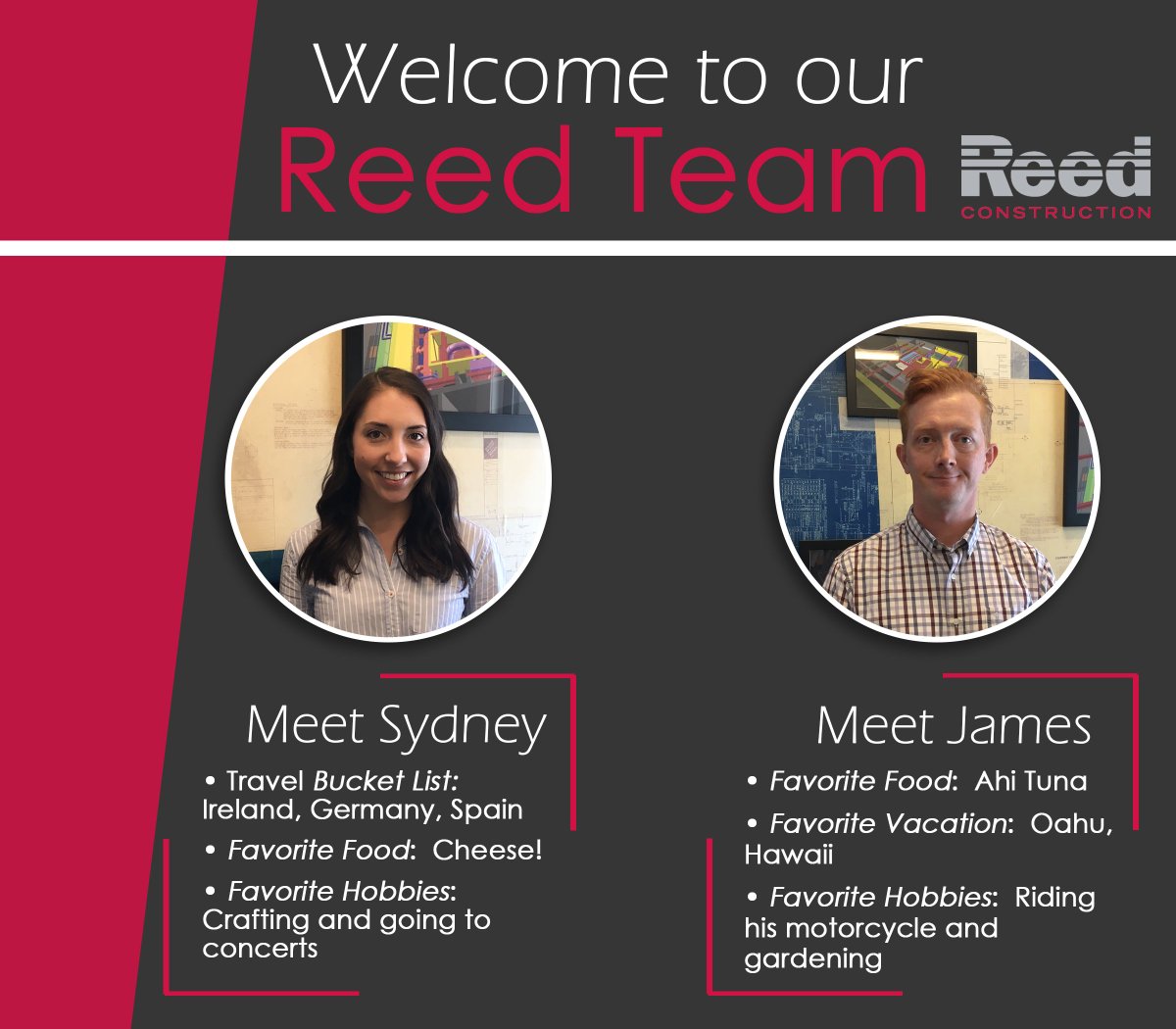 Reed_GC's tweet photo. Hiring at Reed continues! Welcome the newest additions to our #ReedTeam, Project Engineers Sydney &amp; James! #Construction #MondayMotivaton https://t.co/uXYKzOW3j0