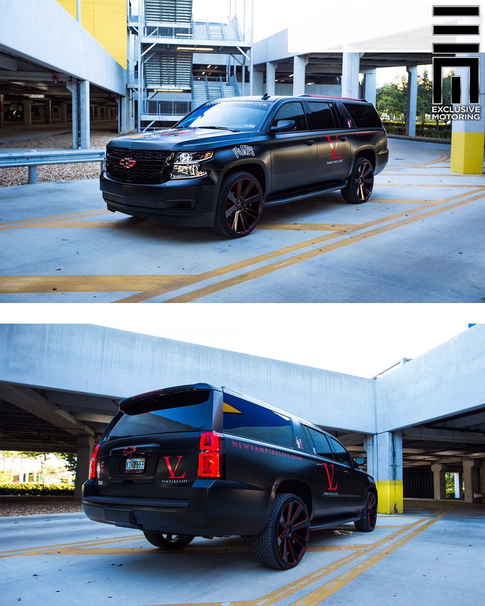 exclusivemiami's tweet photo. Chevy Suburban wrapped satin black with custom logos, custom painted emblems, sitting on custom painted 24 inch @dubwheels 🔥 https://t.co/dzsmSW0fvP