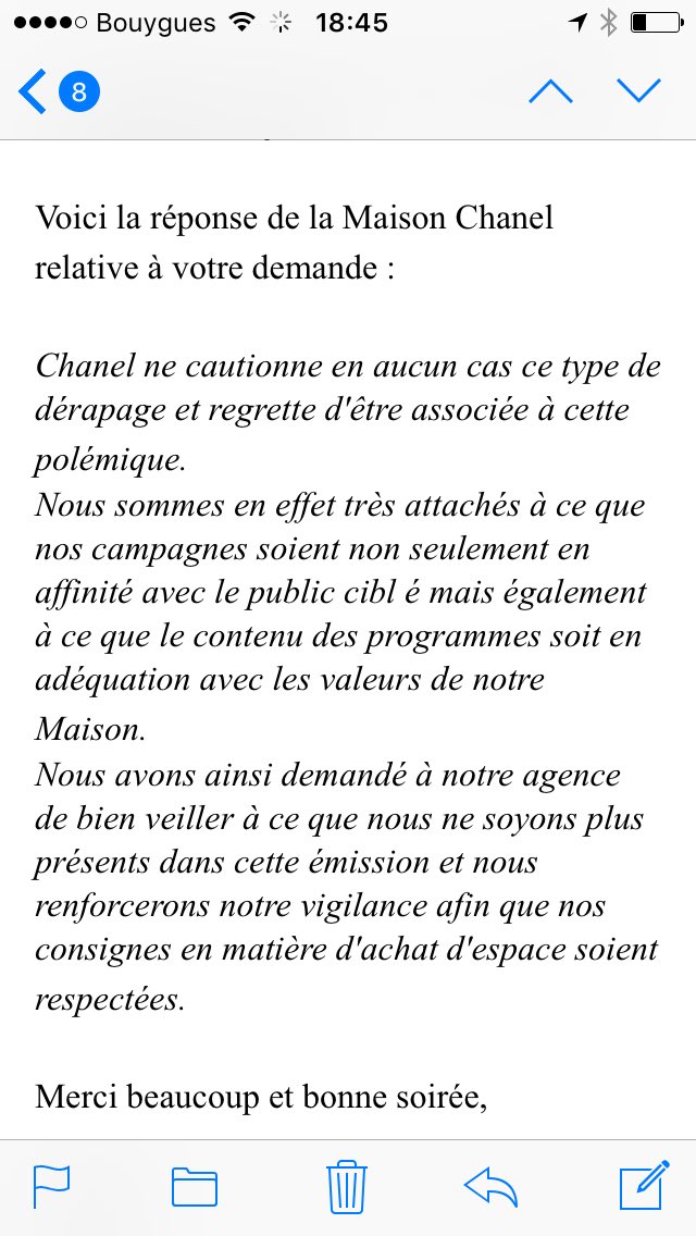 AnaisCondomines's tweet photo. La marque Chanel, quant à elle, ne veut plus "être présent[e] dans cette émission" #tpmp #hanouna https://t.co/UJTmaota9f