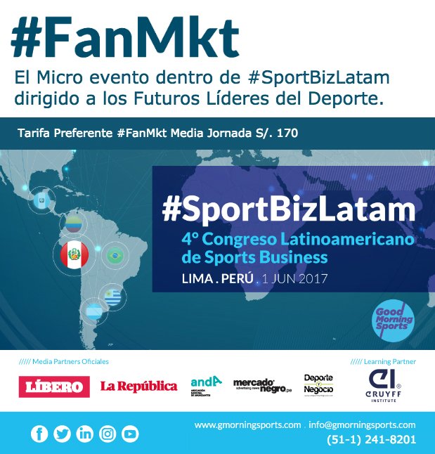 GMorningSports's tweet photo. Si eres estudiante y te interesa participar en SportBizLatam Lima, accede al pase de media jornada #FanMkt https://t.co/TN579uEafa #sportbiz https://t.co/P6w42SNM4U