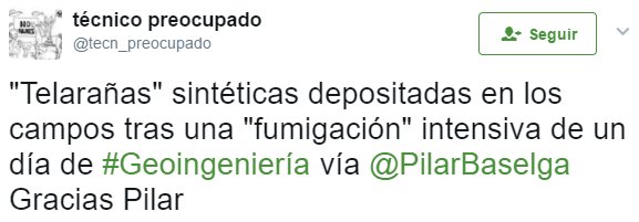 "Telarañas" sintéticas depositadas en los campos tras una "fumigación" intensiva de un día de Geoingeniería vía Pilar Baselga. Gracias Pilar