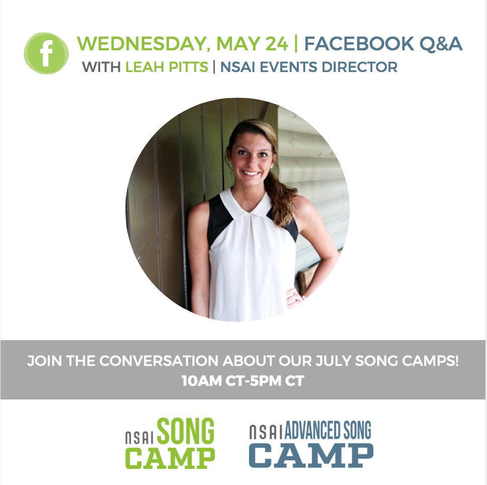 NSAIofficial's tweet photo. This Wednesday on our FB page!! Get all the answers to your questions about #nsaisongcamp &amp; #nsaiadvancedcamp ! Leah is a boss!! 👌🏼 https://t.co/9qbs1VnzLe