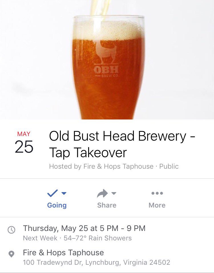 OBHBrewShan's tweet photo. Join @oldbustheadbrew as we invade taps at #FireAndHops in #LynchburgVa on 5/25! Four of #FauquiersFinest #Brews! #VaCraftBeer #CraftBeer https://t.co/BbKojSq3Uh