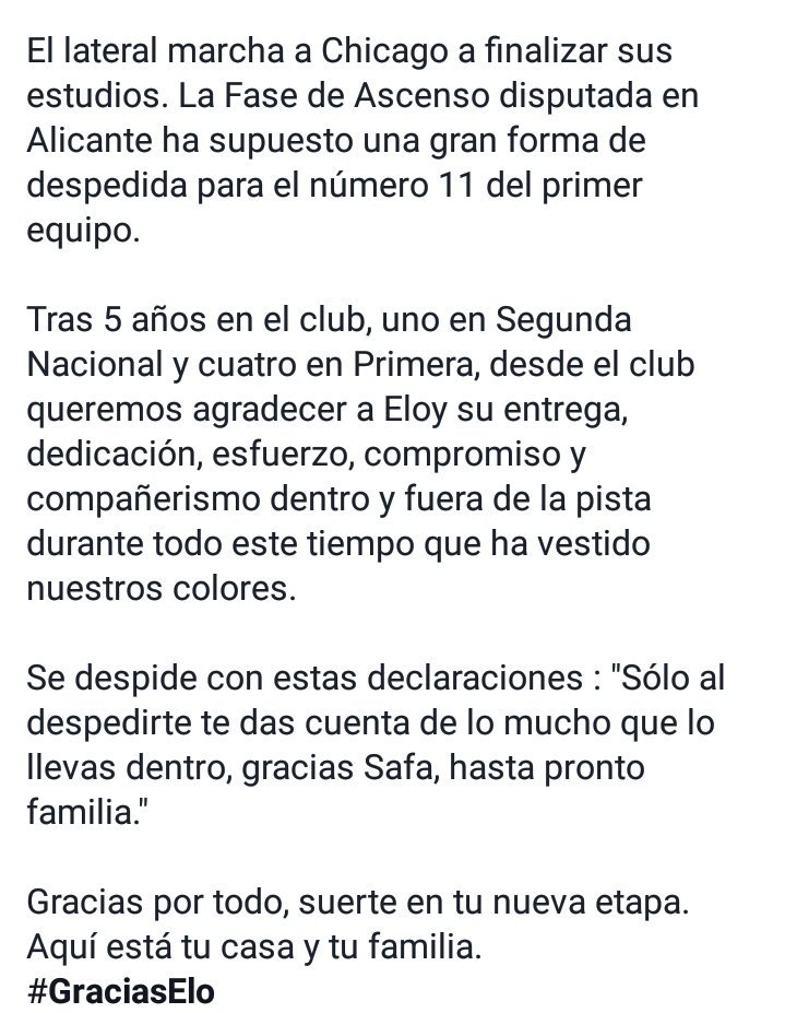 BalonmanoSafa's tweet photo. 📄Comunicado Oficial.
Eloy Rubio no continuará en el club la próxima Temporada.
#GraciasElo https://t.co/VbDMd0HiGp