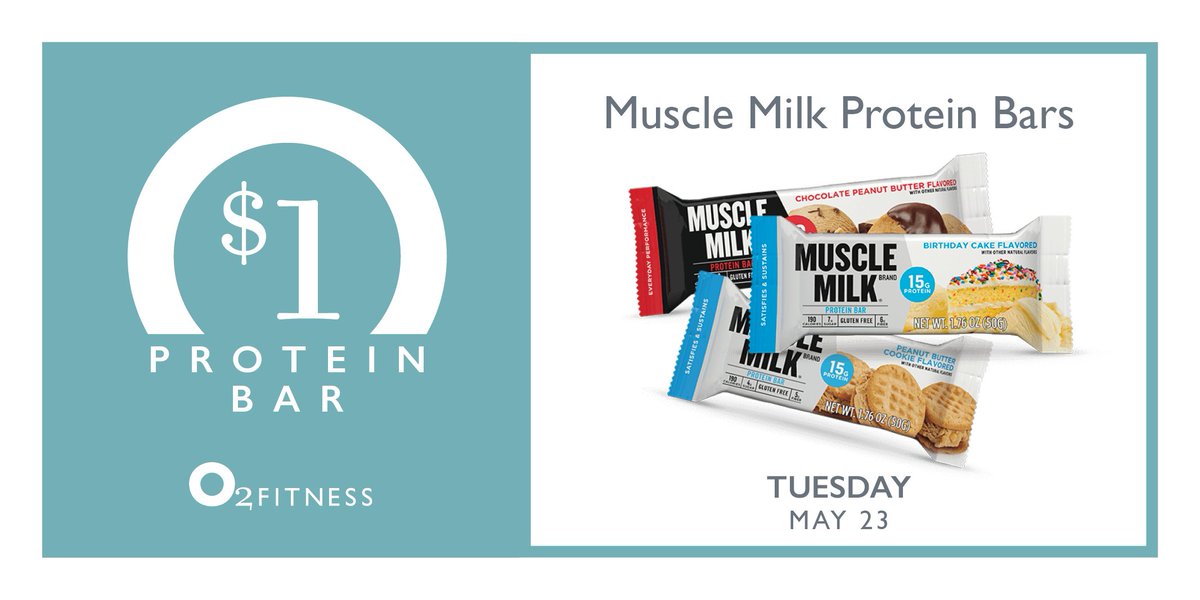 O2FitnessClubs's tweet image. Sometimes, good things happen on #Tuesday... like our @MuscleMilk #ProteinBar's being $1. Enjoy Tues. May 23 ONLY! #O2Fitness #Sale