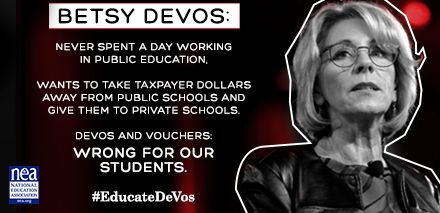 NEAToday's tweet image. Let's #EducateDeVos - email @BetsyDeVosEd &amp;amp; tell her an #EdRevolution doesn't decimate schools 90% of kids attend bddy.me/2qQkbUi