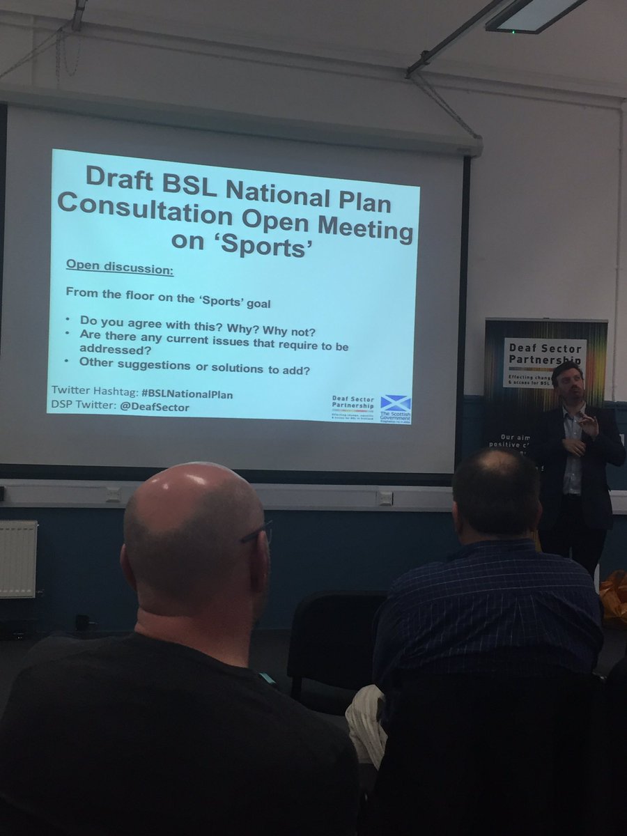 DeafSector's tweet photo. Gordon Hay asking the audience for solutions, how do we work together in improving BSL access in Sports? #BSLNationalPlan @SCoDMedia https://t.co/3V1SzKnoS1