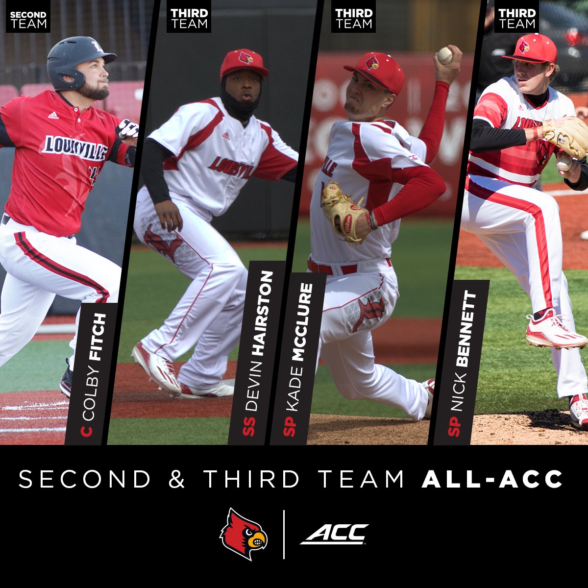 LouisvilleBSB's tweet photo. Four Cardinals round out the selections for Louisville's All-ACC honors! Congrats Colby, Devin, Kade, &amp; Nick! #L1C4

https://t.co/5SIMFG1iNq https://t.co/DoTZBtX9ju