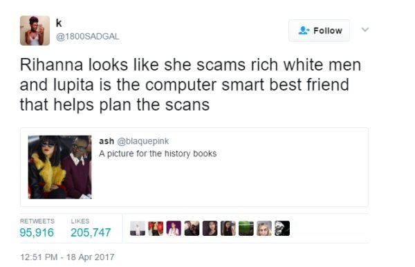 PopCrave's tweet photo. The Internet meme-dream is happening! Rihanna and Lupita Nyong'o will co-star in a buddy movie directed by Ava DuVernay for Netflix. https://t.co/2AUgwFuMNR