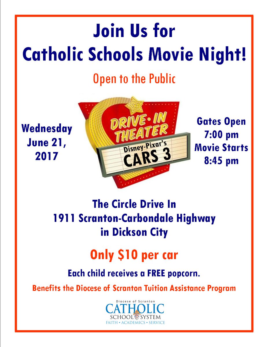 DanielleRake's tweet photo. Join Us for a Night of Summer Fun Supporting the @DioceseOfScr Scholarship Foundation! #DoSCars3 #CircleDriveIn #DosCatholicSchools https://t.co/5XpvNNuZGe