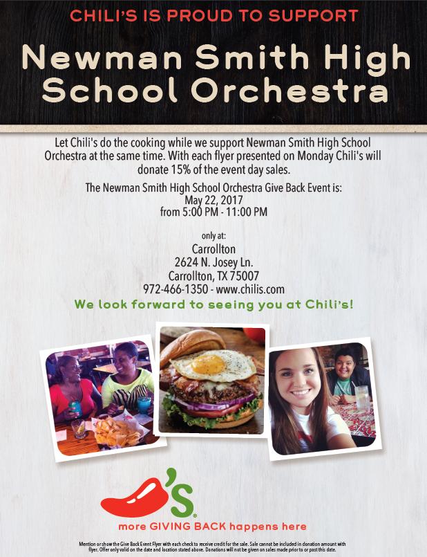 NSHSOrchestra's tweet photo. Chili's Night before or after the Concert TONIGHT! Show the flyer and Support NSO! https://t.co/BhcMVQY6IG