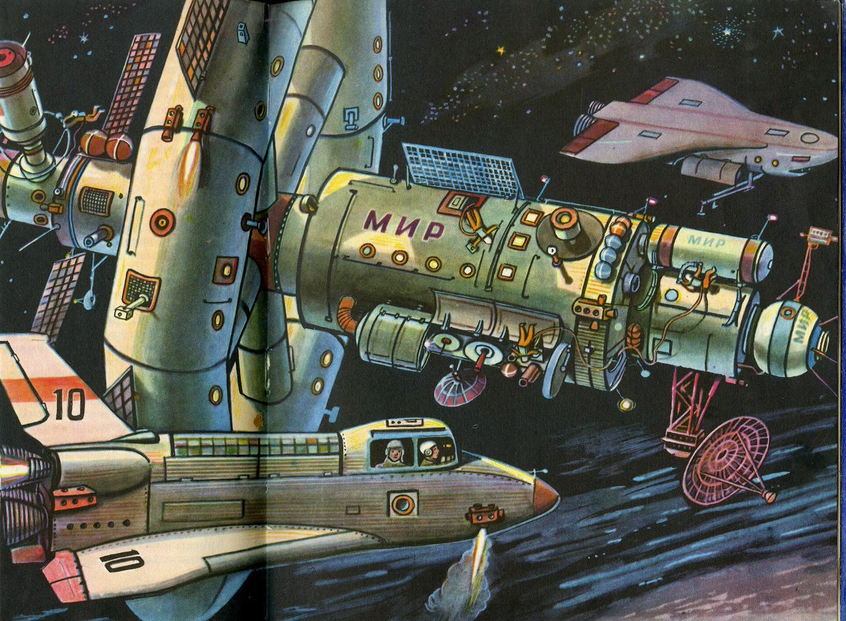 70sscifiart's tweet photo. Art from a 1975 Soviet children's book, "Home in Orbit." https://t.co/dNiiN4ZT2s