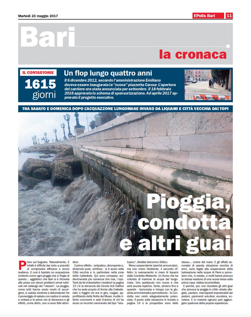 EPolisBari's tweet photo. La copertina di cronaca di #EPolis #Bari del 23 maggio. #condottamatteotti #comunebari #pioggia #decaro https://t.co/zjJGPjFPXk