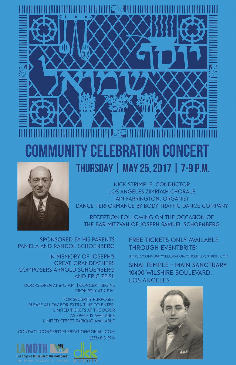 GermanyinLA's tweet photo. FREE Concert in memory of composers #ArnoldSchoenberg & #EricZeisl & celebrating Joey's #barmitzvah @RandySchoenberg https://t.co/vi5DjVrJVV https://t.co/rXDM2xTFy4