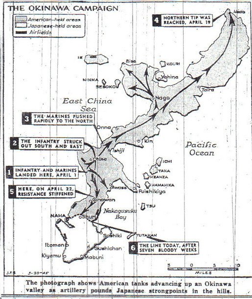 RealTimeWWII's tweet photo. Since landing on April 1, Allied advance on Okinawa has driven Japanese into southern tip of island, in 7 bloody weeks of combat. https://t.co/5vfXcT6Dgj