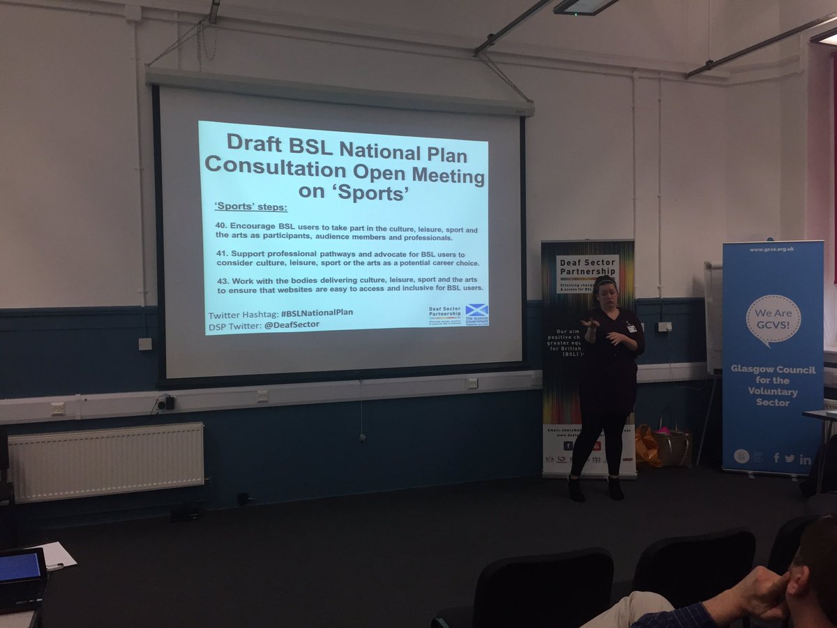 DeafSector's tweet photo. @AlisonHendry16 opening the floor to audience to give their views on Sports. #BSLNationalPlan @SCoDMedia https://t.co/EPn515k4Gz