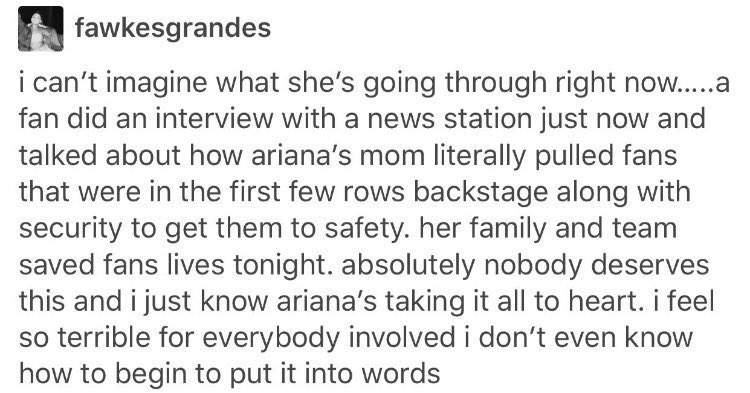 arianaindie's tweet photo. ariana, her family &amp; crew are something else. they helped fans and saved their lives..... i'm..... speechless. #ThisIsNotYourFaultAriana https://t.co/8pN9RekNd2