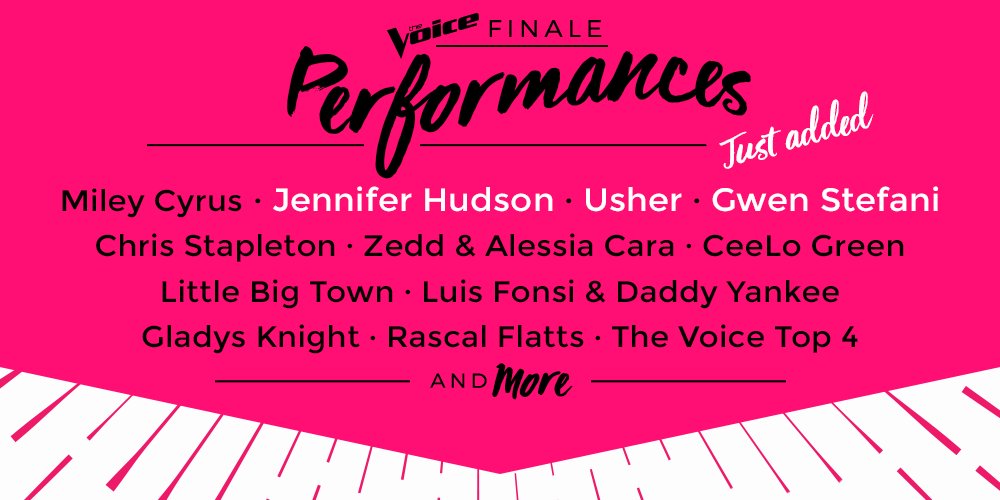 NBCTheVoice's tweet photo. The biggest #VoiceFinale ever just got bigger. See you tomorrow, @IAMJHUD @Usher and @gwenstefani! https://t.co/nn7YKaIvQF