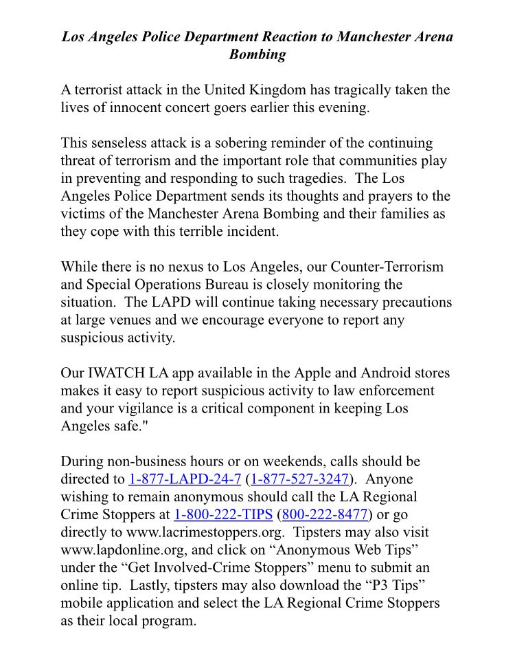 LAPDHQ's tweet photo. #LAPD Reaction To #ManchesterArena Bombing https://t.co/PCMKxdabN1