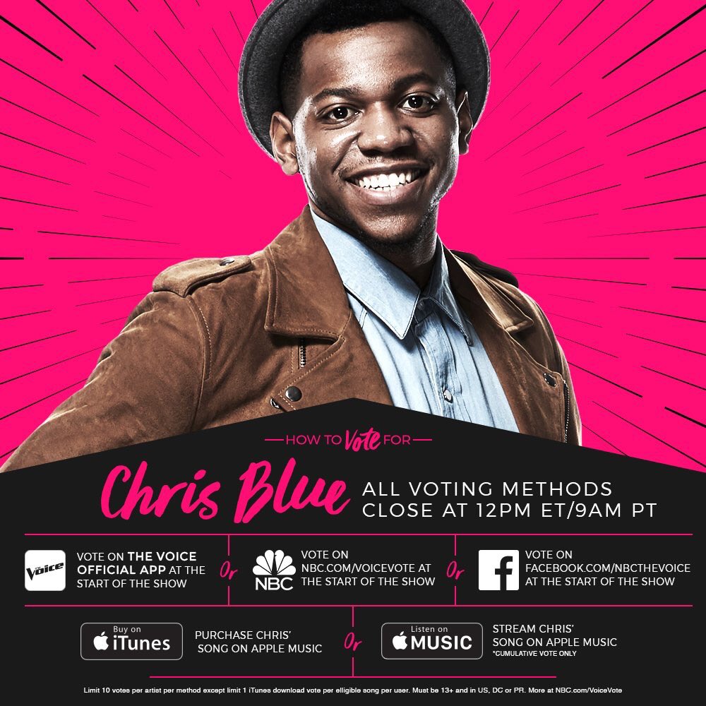 TeamChrisBlue's tweet photo. It's #VoiceFinale time. Stream @Chrisbluelive's songs and buy them on itunes! Let's get them chatting. Also vote on the app!!! @NBCTheVoice https://t.co/mt1FtkSRXL
