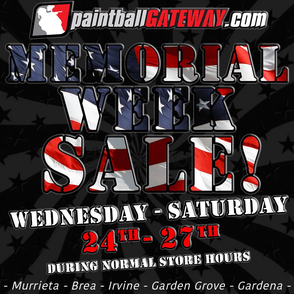 pbgateway's tweet photo. Wednesday to Saturday.  Memorial Day sale at all locations.  #paintball #pbgateway #paintballgateway https://t.co/IPLKDytuHe