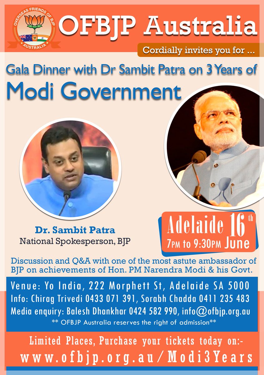 OFBJPAus's tweet photo. Celebrate 3 Years of @narendramodi Govt with @sambitswaraj on Gala Dinner in Adelaide on 16 Jun. Book https://t.co/A63xzFCV8C https://t.co/myEEcIgZKp