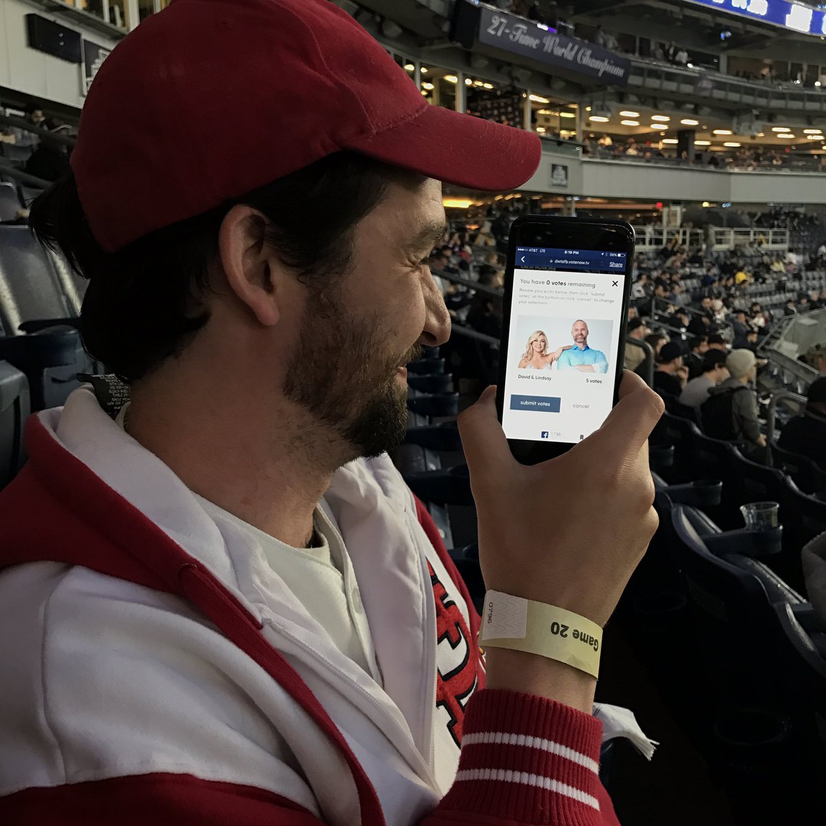 MeganCRM's tweet photo. @Cardinals fan @Yankees stadium voting for @Cubs @D_Ross3 on @DancingABC while StarlinCastro #formerCub up to bat #TeamLadyAndTheGramp @MLB https://t.co/EqP9vQhvaN