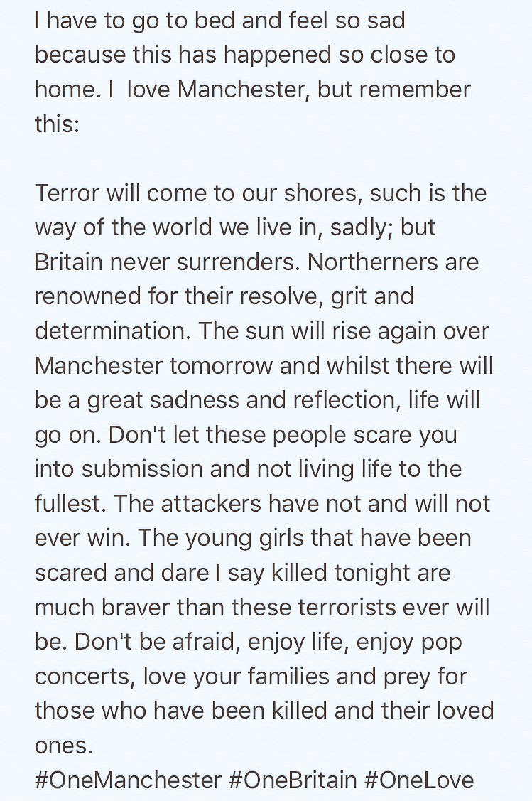 SamanthaQuek's tweet photo. To my followers, especially the many young girls... Be angry, be sad, but don't be scared &amp; NEVER surrender #Manchester #ManchesterArena https://t.co/91FGYqfEAm