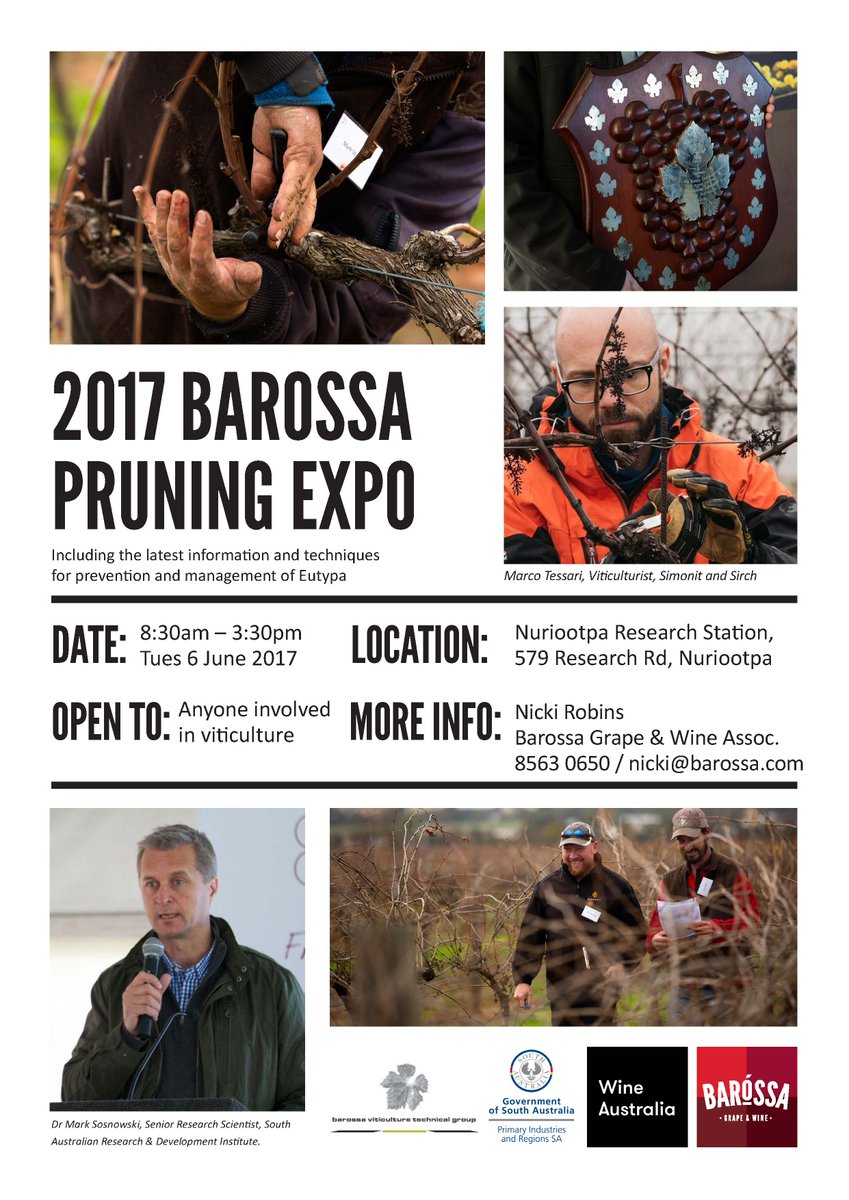 BarossaWineAu's tweet photo. 2017 #Barossa Pruning Expo - Inc. latest information &amp; techniques for prevention &amp; management of Eutypa https://t.co/Vo1hiEiOLU #Viticulture https://t.co/l7eiVVKfZ5
