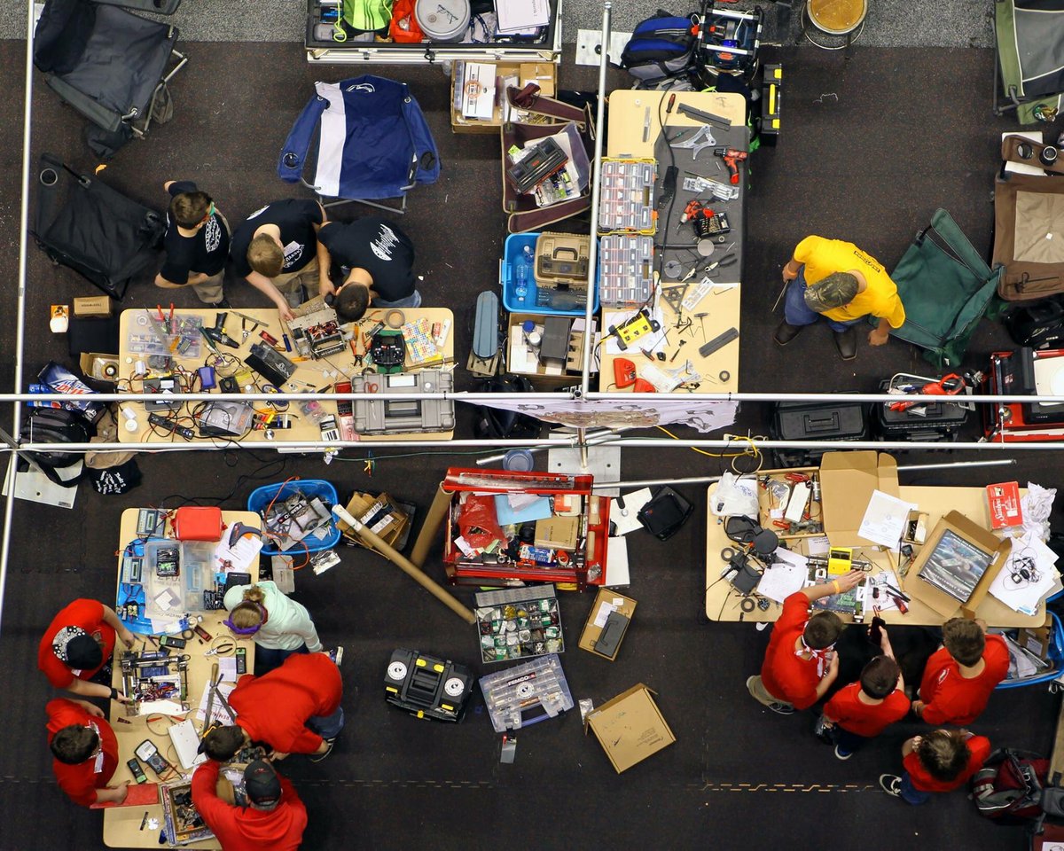 Teams fix up their bots and prepare them for the next battle at the National Robotic League Championships at Cal U #goNRL