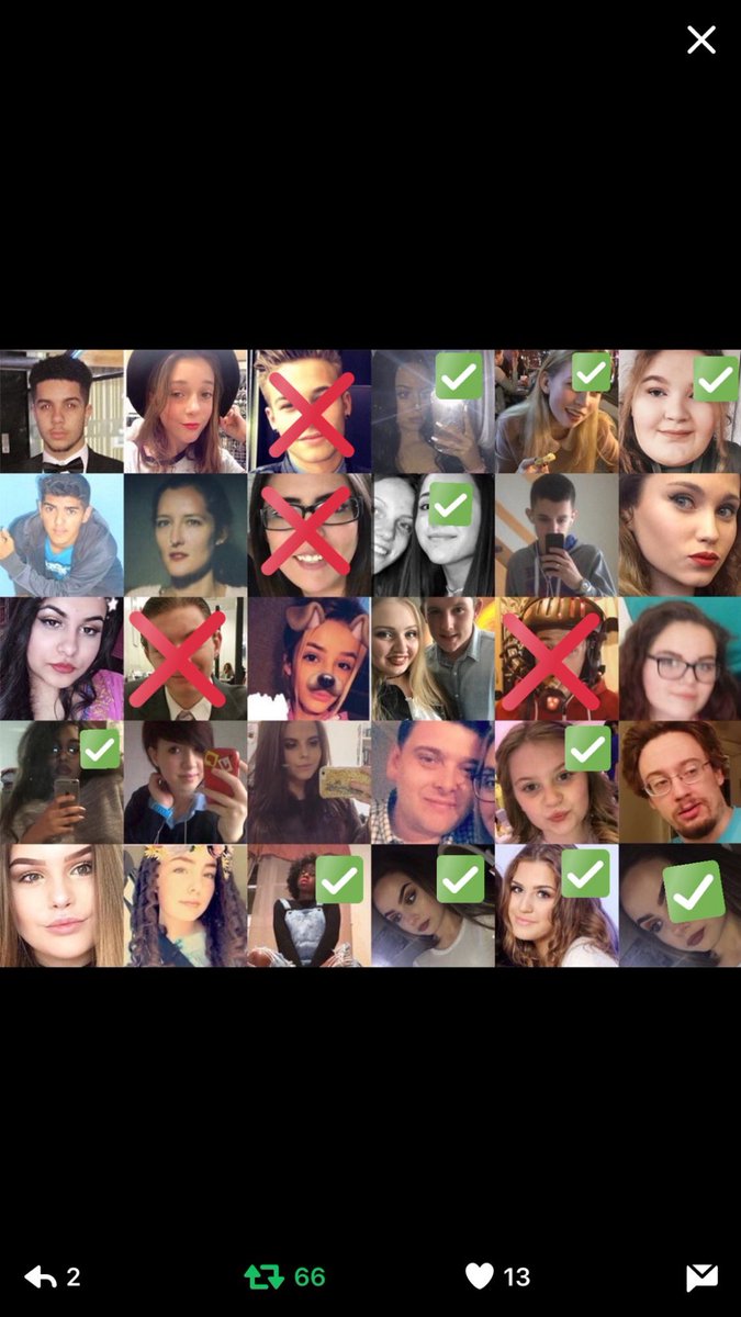 RIPManchester's tweet photo. the x means fake and the check means found. spread the word ❤️ #Manchester https://t.co/ZJCk5ixv98