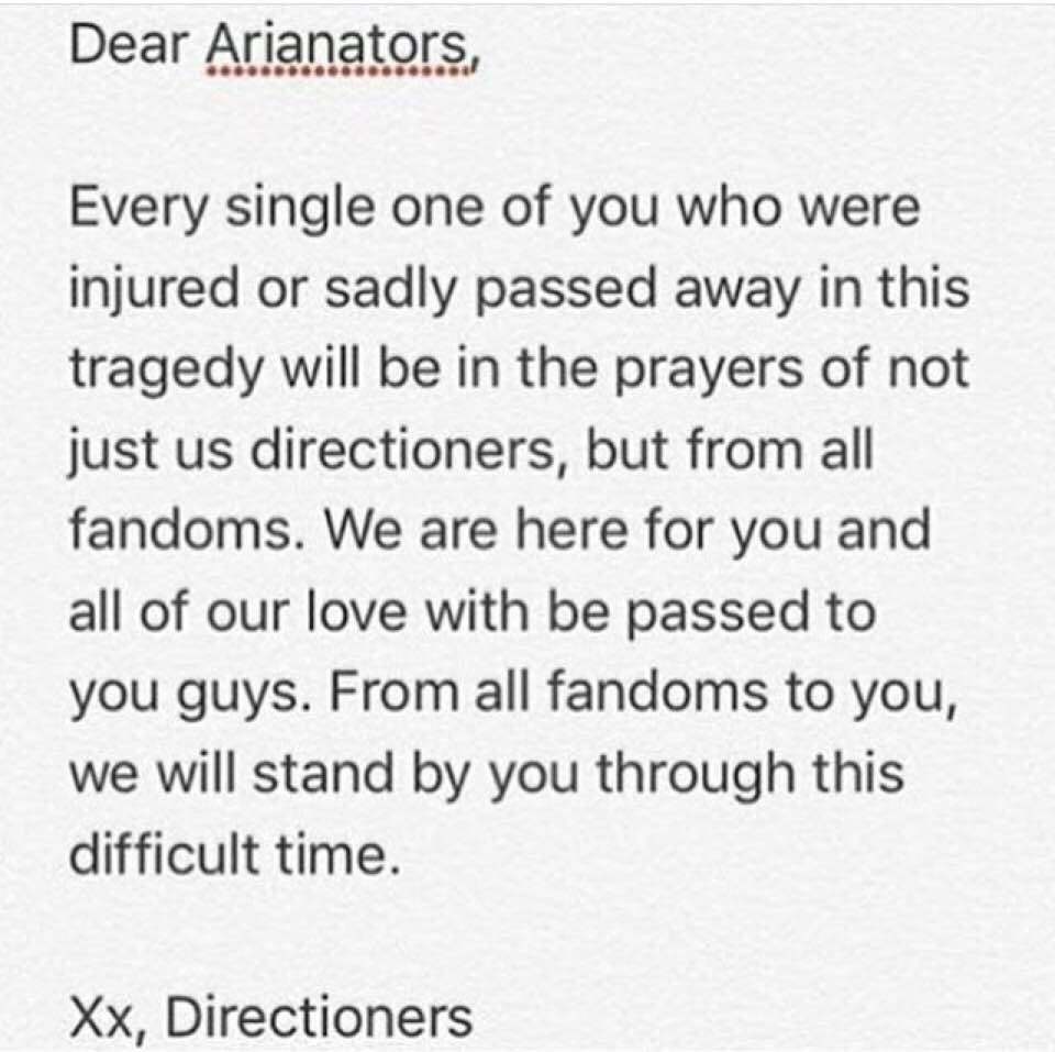 Here's for all Ariana fans, from directioners. Xx
#PrayForManchester #ManchesterArena