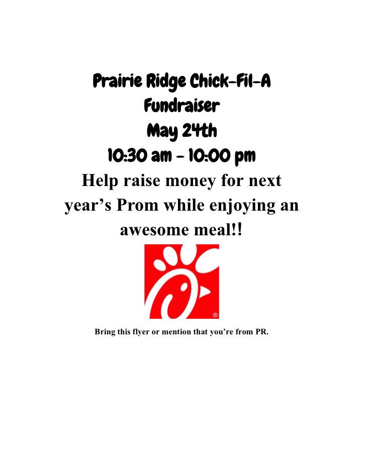 PRSnowcoming's tweet photo. Make sure to eat at Chick-Fil-A WEDNESDAY May 24th between 10:30 am-10 pm to raise money for next year's prom! @SKochPR @RidgeSuperfans https://t.co/voJ3xFq4Ya