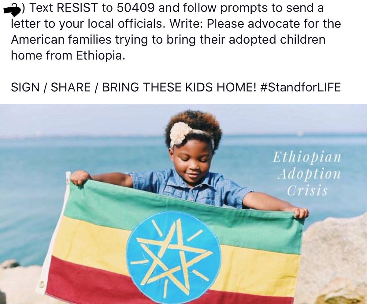 JonathanLenning's tweet photo. To help with the Ethiopian adoption crisis... 

Text RESIST to 50409 and follow prompts to send a letter to your local office. https://t.co/W3th3WooJH