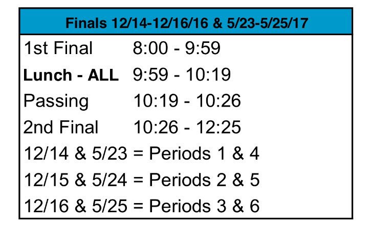 Here's the schedule for the next three days! Good luck on all your finals! I hope your last week is AMAZING! ❤️