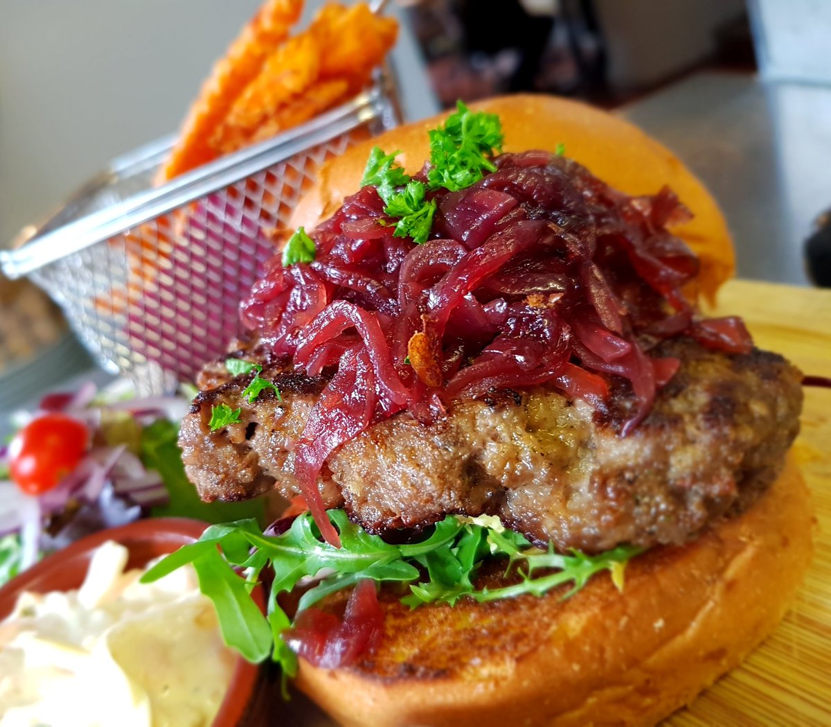 Wild boar Burger, with red onion marmalade and sweet potato fries 😍👌 #Dorchester #Dorset #fresh